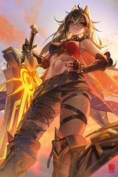 1girl abs absurdres bare_shoulders black_hair blonde_hair blue_eyes breasts claymore_(sword) crossed_bangs daniel_deng dark-skinned_female dark_skin dehya_(genshin_impact) genshin_impact hair_between_eyes highres jewelry long_hair looking_at_viewer medium_breasts multicolored_hair navel solo streaked_hair toned toned_female weapon