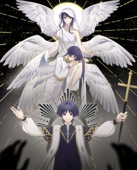 1boy 1girl 2boys alternate_costume alternate_universe ancient_greek_clothes angel angel_wings anklet armlet bare_legs bare_shoulders biblically_accurate_angel black_background blue_eyes blue_hair blue_pupils blunt_bangs blurry bracelet chinese_commentary christianity clenched_teeth clerical_collar closed_mouth collarbone commission cross cross_necklace depth_of_field dress dual_persona expressionless eyeliner feathered_wings floating genshin_impact glowing gradient_hair greco-roman_clothes head_rest highres holding holding_cross holding_staff invisible_chair jewelry leaning_on_person leaning_to_the_side light_rays long_hair long_sleeves looking_at_viewer makeup mole mole_under_eye mother_and_son multicolored_eyes multicolored_hair multiple_boys multiple_others necklace priest purple_eyes purple_hair raiden_shogun red_eyeliner robe roman_clothes scaramouche_(genshin_impact) shade shadow shimao141 short_hair sitting sleeping sleeveless smile staff standing sun teeth upper_body veil wanderer_(genshin_impact) white_dress white_veil white_wings wings