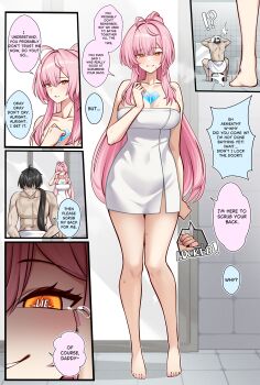 !? 1boy 1girl absurdres adoptive_parent_and_adoptive_child aemeath_(wuthering_waves) ahoge barefoot black_hair blush bonz0616 breasts collarbone commentary english_commentary english_text fake_tears father_and_child father_and_daughter hand_up highres large_breasts long_hair male_rover_(wuthering_waves) mixed-sex_bathing mole mole_on_shoulder naked_towel naughty_face orange_eyes paid_reward_available parent_and_child parted_lips pink_hair ponytail rover_(wuthering_waves) shared_bathing smile star-shaped_pupils star_(symbol) symbol-shaped_pupils tacet_mark_(wuthering_waves) tearing_up towel wuthering_waves