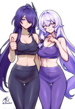 2girls acheron_(honkai:_star_rail) ahoge alternate_costume bare_shoulders black_pants black_swan_(honkai:_star_rail) breasts cleavage closed_mouth finger_heart hair_between_eyes hair_ornament hair_over_one_eye highres honkai:_star_rail honkai_(series) large_breasts light_smile long_hair midriff multiple_girls navel one_eye_closed pants purple_eyes purple_hair purple_pants rotomdocs tank_top thigh_gap thumbs_up very_long_hair white_background white_streaks yellow_eyes