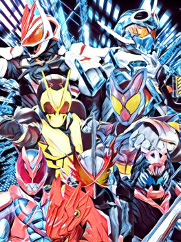 2024 20s 6+boys adk-em alchemist alchemy animal_ears armor artificial_intelligence bandai bandai_namco baton_pass bug candy chemy_riser demon dragon fire food fox fox_ears grasshopper gun handgun highres horn_sign insect ishimori_prod kaenken_rekka kamen_rider kamen_rider_01_(series) kamen_rider_gavv kamen_rider_gavv_(series) kamen_rider_geats kamen_rider_geats_(series) kamen_rider_gotchard kamen_rider_gotchard_(series) kamen_rider_revi kamen_rider_revice kamen_rider_saber kamen_rider_saber_(series) kamen_rider_vice kamen_rider_zero-one miss_parda multiple_boys pixiv reiwa revolver saber_(weapon) sword toei_company tokusatsu train tv_asahi weapon