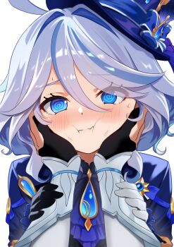1girl :t @_@ absurdres ahoge aqua_eyes asymmetrical_gloves black_gloves blue_eyes blue_hair blue_hat blue_jacket blush closed_mouth commentary_request furina_(genshin_impact) genshin_impact gloves hair_between_eyes hands_on_another's_arms hands_on_another's_cheeks hands_on_another's_face hat heterochromia highres jacket lumine_(genshin_impact) mismatched_gloves mn_(tk-xyz) multicolored_hair pov pov_hands simple_background solo_focus sweat top_hat white_background white_gloves white_hair
