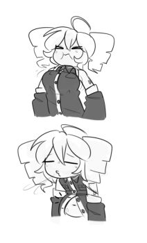 >_< 1girl 2koma ahoge arm_tattoo breasts buttons closed_mouth collared_shirt comic detached_sleeves drill_hair electronic_baka fat fat_woman greyscale holding_breath kasane_teto kasane_teto_(utau) large_breasts monochrome motion_lines number_tattoo o3o open_clothes open_shirt pocket puffy_cheeks shirt tattoo twin_drills utau