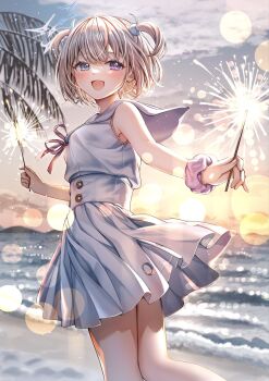 1girl :d armpits bare_shoulders belt blonde_hair blue_belt blue_eyes blue_sailor_collar blue_shirt blue_skirt blush bracelet buttons cloud commentary_request commission evening feet_out_of_frame fingernails fireworks from_side gradient_sky heterochromia highres holding holding_fireworks jewelry lens_flare looking_to_the_side miniskirt open_mouth orange_sky original outdoors palm_tree purple_eyes purple_ribbon ribbon sailor_collar sakura_(39ra) shirt shirt_tucked_in shore short_hair short_twintails skeb_commission skirt sky sleeveless sleeveless_shirt smile solo sparkler tree turning_head twintails water