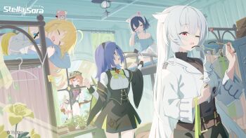 5girls :3 :d absurdres ahoge amber_(pajamas)_(stella_sora) amber_(stella_sora) animal_ear_hairband animal_ears artist_request bed black_hair black_hairband blonde_hair breasts broken_eyewear broom broom_riding bunk_bed cleavage commentary copyright_name dressing drooling english_commentary fake_animal_ears fuyuka_(stella_sora) hair_between_eyes hair_ribbon hairband highres indoors iris_(stella_sora) locker long_sleeves messy_hair mistique_(stella_sora) multiple_girls noya_(pajamas)_(stella_sora) noya_(stella_sora) official_alternate_costume open_mouth orange_hair purple_hair purple_ribbon red_eyes ribbon second-party_source single_bare_shoulder sleeping smile stella_sora stuffed_animal stuffed_toy teddy_bear waking_up white_hair window yellow_eyes