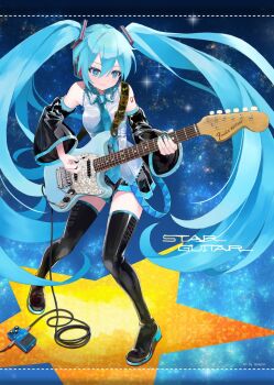 1girl aqua_eyes aqua_hair aqua_nails aqua_necktie aqua_trim arm_tattoo bare_shoulders black_sleeves boots breasts collared_shirt commentary_request detached_sleeves electric_guitar full_body grey_shirt guitar hair_between_eyes hair_ornament hatsune_miku headphones headset highres holding holding_guitar holding_instrument holding_plectrum instrument long_hair long_sleeves looking_down medium_breasts miniskirt necktie number_tattoo pleated_skirt plectrum shirt skirt sleeveless sleeveless_shirt solo standing takepon1123 tattoo thigh_boots thighhighs twintails very_long_hair vocaloid zettai_ryouiki