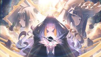 absurdres blue_eyes blunt_bangs dress floomf gradient_hair halo highres hololive hololive_english long_hair multicolored_hair ninomae_ina&#039;nis ninomae_ina&#039;nis_(1st_costume) orange_hair pointy_ears purple_hair sidelocks takodachi_(ninomae_ina&#039;nis) tentacle_hair very_long_hair virtual_youtuber