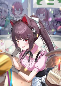 5girls ange_katrina animal_ears animal_hair_ornament arm_rest black_bow black_headdress black_ribbon blurry blush bow breasts brown_hair bunting cafe cafe_cutemare_uniform candle collar collarbone commentary_request cupcake depth_of_field detached_collar dog_ears dog_girl elbow_rest eyelashes fangs food frilled_shirt frills gingham_ribbon glove_bow gloves grey_gloves hair_bow hair_ornament hand_on_own_cheek hand_on_own_face hand_up happy_birthday heart heart_hair_ornament heart_pendant heterochromia highres inui_toko lize_helesta looking_at_viewer maid maid_headdress makamu medium_breasts menu multiple_girls neck_ribbon nijisanji open_mouth party_popper pendant_collar pink_collar pink_shirt ponytail puffy_short_sleeves puffy_sleeves raised_inner_eyebrows red_eyes reflection ribbon sasaki_saku shiina_yuika shirt shirt_tucked_in short_sleeves sidelocks sitting solo_focus table twitter_username virtual_youtuber white_bow window wooden_table yellow_eyes