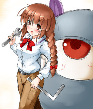 1girl aka_tawashi blunt_bangs blush bow bowtie braid breasts brown_eyes brown_hair brown_pants collared_shirt evil_eye_sigma hair_bow happy highres long_hair long_sleeves medium_breasts military military_vehicle motor_vehicle open_mouth pants red_bow red_bowtie rika_(touhou) shirt simple_background standing tank tools touhou touhou_(pc-98) twin_braids white_background white_shirt wrench