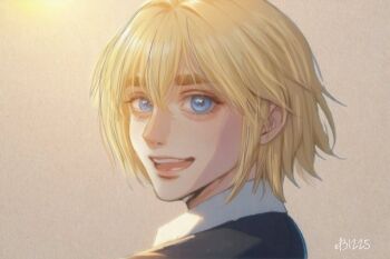 1boy armin_arlert black_jacket blonde_hair blue_eyes collared_shirt commentary el31225 from_side gradient_background hair_between_eyes jacket looking_at_viewer male_focus open_mouth portrait shingeki_no_kyojin shirt short_hair solo teeth thick_eyebrows twitter_username upper_body upper_teeth_only white_shirt