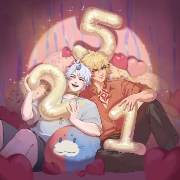 2boys antenna_hair black_choker black_pants black_shorts blonde_hair blue_shirt braid chest_tattoo choker closed_eyes collared_shirt facial_tattoo gradient_hair hashtag-only_commentary highres honkai:_star_rail honkai_(series) male_focus medium_hair multicolored_hair multiple_boys mydei_(honkai:_star_rail) neck_tattoo number_balloon pants parted_bangs phainon_(honkai:_star_rail) red_hair red_shirt red_tattoo ren_4dxo shirt short_hair shorts side_braid sleeves_rolled_up spotlight sun_symbol sun_tattoo tan tattoo white_hair yellow_eyes