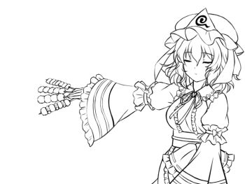 Rule 34 | 1girl, blue hat, bug, butterfly, cherry blossom print, closed eyes, closed mouth, commentary request, floral print, food, frilled kimono, frills, hat, high contrast, insect, japanese clothes, kimono, long sleeves, mob cap, monochrome, outdoors, s1a1nokoka, saigyouji yuyuko, short hair, solo, template, touhou, triangular headpiece, yakitori