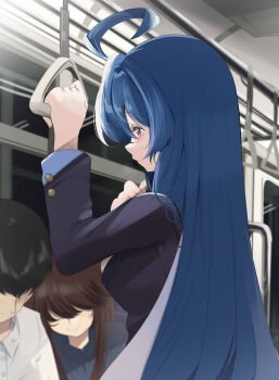 1boy 2girls absurdres ahoge alternate_costume azur_lane blazer blue_hair breasts buttoned_cuffs buttons closed_mouth faceless faceless_female faceless_male hand_grip hand_on_own_chest helena_(azur_lane) highres holding_hand_grip jacket leaning_on_person long_hair long_sleeves multiple_girls purple_eyes school_uniform subway tonchinkan train train_interior very_long_hair window