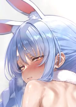 1girl animal_ears blue_hair blush commentary_request fur_trim hair_between_eyes highres hololive looking_at_viewer nyarurato0debu orange_eyes rabbit_ears rabbit_girl solo usada_pekora virtual_youtuber