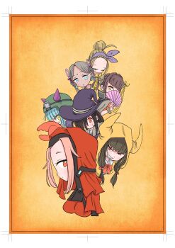 6+girls animal_hood asakura_karen_(heaven_burns_red) bindi black_hair blonde_hair bow breasts bungo_yayoi capelet commentary_request crab_claw e4illust earrings fake_horns green_eyes green_hair hair_ornament hair_over_one_eye hairband hat heaven_burns_red helmet highres hood hood_up hooded_jacket horns jacket jewelry large_breasts long_hair long_sleeves maria_de_angelis multiple_girls nun one_eye_covered ooshima_muua open_mouth parted_bangs red_bow red_hair short_hair tail tenne_miko twintails veil very_long_hair vritika_balakrishnan witch_hat yellow_eyes