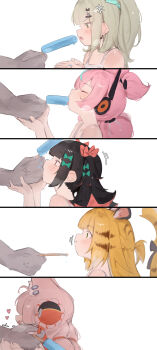 1boy 5girls absurdres anger_vein animal_ears aria_(zenless_zone_zero) black_hair blonde_hair closed_eyes dark-skinned_male dark_skin food green_eyes green_hair highres ju_fufu loli long_hair multiple_girls nangong_yu open_mouth pink_hair popsicle quad_tails red_eyes sexually_suggestive sunna_(zenless_zone_zero) tail theflatfacadeds tiger_ears tiger_girl tiger_tail zenless_zone_zero zhao_(zenless_zone_zero)