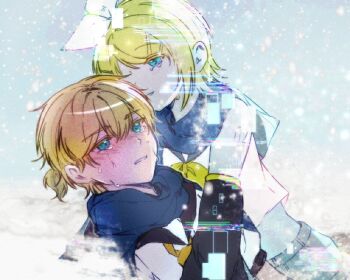 1boy 1girl aqua_eyes bare_shoulders black_sailor_collar black_sleeves blonde_hair blue_scarf blush bow brother_and_sister crying crying_with_eyes_open digital_dissolve ghost glitch hair_bow hair_ornament hairclip hug implied_death kagamine_len kagamine_rin lying meman midriff neckerchief necktie number_tattoo on_back ponytail proof_of_life_(vocaloid) sailor_collar scarf shirt short_ponytail shorts shoulder_tattoo siblings sleeveless sleeveless_shirt snow snowing soundless_voice_(vocaloid) static streaming_tears swept_bangs tattoo tearing_up tears twins vocaloid white_bow white_shirt yellow_neckerchief yellow_necktie