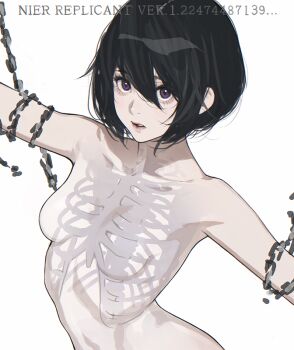 1girl aegyo_sal black_hair bob_cut bone chain chained collarbone commentary_request completely_nude copyright_name d.k hair_between_eyes halua_(human) lips looking_at_viewer nier nier_(series) nude open_mouth restrained ribbon see-through_body short_hair sideways_glance simple_background solo spine upper_body white_background