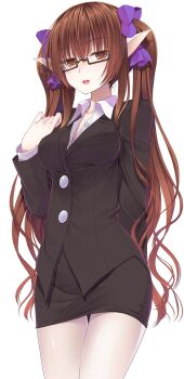 Rule 34 | 1girl, alternate costume, arm behind back, bespectacled, black-framed eyewear, breasts, brown hair, business suit, buttons, collared shirt, commentary request, cowboy shot, crote, formal clothes, glasses, hair between eyes, hair ribbon, hand up, highres, himekaidou hatate, large variant set, long hair, medium breasts, miniskirt, office lady, pale skin, pantyhose, pencil skirt, pointy ears, purple ribbon, ribbon, semi-rimless eyewear, shirt, simple background, skirt, skirt suit, solo, standing, suit, touhou, transparent background, twintails, under-rim eyewear, variant set, very long hair, white pantyhose, white shirt, wing collar