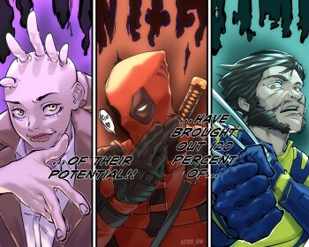 120%_potential_(meme) 1girl 2boys afdsbm aura bald bald_female beard black_gloves bodysuit brown_hair cassandra_nova claw_(weapon) clenched_hands closed_mouth coat commentary deadpool deadpool_&amp;_wolverine deadpool_(series) domain_expansion english_commentary english_text facial_hair gloves highres jujutsu_kaisen lips marvel marvel multiple_boys parody red_bodysuit red_mask split_screen superhero_costume teeth upper_body weapon wolverine_(x-men) x-men yellow_bodysuit