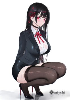 1girl absurdres alternate_costume artist_name black_choker black_hair black_jacket black_thighhighs blazer blush breasts chisa_(wuthering_waves) choker christian_louboutin_(brand) closed_mouth full_body hair_ribbon high_heels highres jacket large_breasts long_hair looking_at_viewer louboutins miychi mole mole_under_eye multicolored_hair office_lady patent_heels pencil_skirt pumps red_eyes red_ribbon red_soles ribbon shiny_skin shirt shoes simple_background skirt solo squatting stiletto_heels straight_hair thighhighs very_long_hair wet wet_clothes wet_shirt white_background white_shirt wuthering_waves zettai_ryouiki