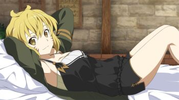 1girl argo_the_rat armpits arms_behind_head bed bed_sheet black_shirt black_shorts blonde_hair breasts brown_eyes cleavage collarbone facial_mark female_focus from_side game_cg green_jacket indoors jacket looking_at_viewer lying medium_breasts official_art on_back open_clothes open_jacket pillow shirt short_hair_with_long_locks short_shorts shorts sideboob sidelocks sleeveless sleeveless_shirt smile solo sword_art_online sword_art_online:_hollow_realization