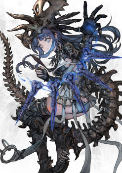 1girl absurdres blue_eyeliner blue_eyeshadow blue_hair bone bone_armor boots commentary dinosaur_skeleton dinosaur_tail earrings eyelashes eyeliner eyeshadow fantasy from_side gloves grey_eyes high_heel_boots high_heels highres jewelry long_hair looking_at_viewer magic makeup necklace necromancer original pale_skin panties sabamiso_taro sidelocks skeletal_tail skull_on_head solo tail thigh_boots tooth_earrings tooth_necklace triceratops_skull underwear white_background