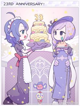 Rule 34 | 2girls, absurdres, ahoge, angeling, anniversary, apron, black gloves, blue dress, blue hair, blue hat, boots, brown dress, cake, candy, cardinal (ragnarok online), chewing gum, commentary request, deviling, dress, drops (ragnarok online), eggring, fingerless gloves, food, full body, gloves, green eyes, gumball, gumball machine, hat, hian (6co m), highres, holding, holding cake, holding food, kafra uniform, long dress, long hair, looking at another, maid, maid headdress, marin (ragnarok online), medium hair, multiple girls, open mouth, pavianne (ragnarok online), poporing, poring, puffy short sleeves, puffy sleeves, purple hair, ragnarok online, red sash, sash, short sleeves, smile, standing, thigh boots, white apron, white boots, white gloves