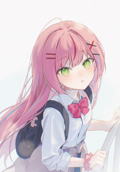 1girl backpack bag bloom bow bowtie clothes_around_waist cowboy_shot dot_nose from_above green_eyes grey_background hair_ornament hairclip hanako_nana hand_on_railing highres long_hair long_sleeves looking_at_viewer looking_up multicolored_hair official_art parallel_hairclips parted_lips pink_bow pink_bowtie pink_hair pink_scrunchie school_uniform scrunchie shirt silltare simple_background solo stellive straight_hair streaked_hair tearing_up virtual_youtuber white_shirt wrist_scrunchie x_hair_ornament