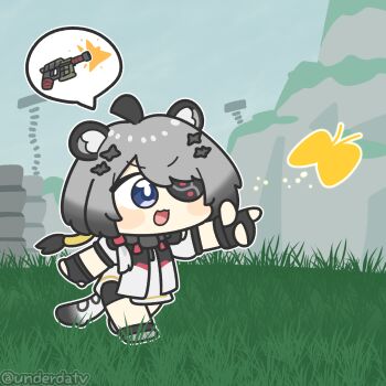 Rule 34 | 1girl, animal ears, arknights, arknights: endfield, artist name, black gloves, blue eyes, bug, chibi, commentary, english commentary, eyepatch, fingerless gloves, gloves, grey hair, highres, open mouth, solo, tail, tangtang (arknights), tiger ears, tiger girl, tiger tail, twitter username, underdatv