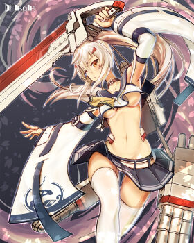 1girl arm_up armpits artist_name ascot ayanami_(azur_lane) ayanami_(retrofit)_(azur_lane) azur_lane bare_shoulders belt belt_buckle black_belt blonde_hair blue_belt blue_sailor_collar blue_skirt breasts breasts_apart buckle cherry_blossoms choker clothes_lift collarbone commentary_request crop_top diamond_(shape) extreme_crop_top groin hair_between_eyes hair_ornament high_ponytail highres holding holding_sword holding_weapon iroia leg_up long_hair long_sleeves lowleg lowleg_skirt machinery medium_breasts miniskirt navel no_bra open_mouth orange_eyes outline outstretched_arm palms panties pantyshot petals pleated_skirt ponytail revision ribbon-trimmed_clothes ribbon-trimmed_sleeves ribbon_trim sailor_collar school_uniform serafuku ship_turret shirt sidelocks skirt skirt_lift sleeveless sleeveless_shirt solo standing star_(symbol) stomach sword thighhighs torpedo torpedo_tubes underboob underwear weapon white_belt white_hair white_panties white_shirt white_thighhighs wide_sleeves wind wind_lift yellow_ascot