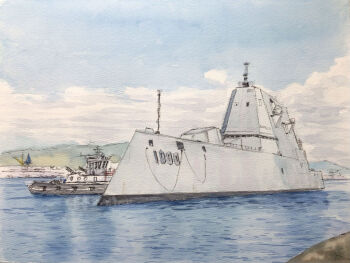 atelier_bono blue_sky boat cloud cloudy_sky commentary_request destroyer highres military_vehicle no_humans original painting_(medium) revision scenery ship sky traditional_media tugboat uss_zumwalt_(ddg-1000) vehicle_focus warship watercolor_(medium) watercraft waves