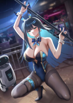 1girl abigail_(black_survival) abigail_(poker_face)_(black_survival) absurdres animal_ears bare_shoulders black_footwear black_hair black_pantyhose black_survival blue_bow blue_bowtie blue_hair blue_leotard blue_nails blurry blurry_background blush bow bowtie breasts cleavage clothing_cutout colored_inner_hair commentary covered_navel cutout_above_navel detached_collar dice dice_earrings earrings eternal_return:_black_survival fake_animal_ears fingernails floating_hair green_eyes high_heels highleg highleg_leotard highres holding holding_polearm holding_weapon indoors jewelry large_breasts leotard long_fingernails long_hair looking_at_viewer multicolored_hair nail_polish non-humanoid_robot on_one_knee pantyhose parted_lips pingpangpongpang playboy_bunny pole polearm pumps rabbit_ears robot solo strapless strapless_leotard symbol-only_commentary thighband_pantyhose two-tone_hair very_long_hair weapon white_wrist_cuffs wrist_cuffs