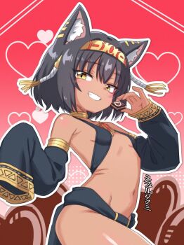 1girl ancient_egyptian ancient_egyptian_clothes animal_ear_fluff animal_ears armpit_crease bare_shoulders black_hair black_sleeves blush breasts brown_background cat_ears cat_girl cowboy_shot dark-skinned_female dark_skin denmaru._(dedendenmaru) detached_sleeves gradient_background hair_ornament hairband heart heart_background highres loli long_sleeves looking_at_viewer navel original outline parted_lips pink_background short_hair sleeves_past_fingers sleeves_past_wrists small_breasts smile solo stomach tassel tassel_hair_ornament teeth thighs translation_request white_background white_outline wide_sleeves yellow_eyes