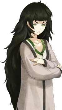 1girl blunt_bangs brown_jacket collar collarbone crossed_arms fingernails flat_chest frown game_cg glaring green_collar green_eyes green_hair green_trim hiyajou_maho huke jacket jacket_over_dress large_variant_set long_hair looking_at_viewer messy_hair non-web_source official_art open_mouth science_adventure solo sprite steins;gate steins;gate_0 transparent_background variant_set very_long_hair