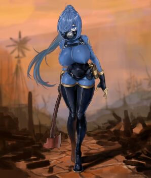 1girl absurdres axe black_gloves blu_pyro_(tf2) blue_bodysuit blue_eyes blue_hair bodysuit boots breasts commission covered_erect_nipples fire_axe full_body genderswap genderswap_(otf) gloves hair_over_one_eye highres holding holding_axe holding_weapon large_breasts latex latex_bodysuit latex_boots latex_gloves long_hair looking_at_viewer m4skedboi mask outdoors ponytail pyro_(tf2) respirator shadow solo standing sunset team_fortress_2 thigh_boots weapon