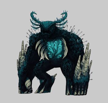 1other alexandresar99 all_fours arrow_(projectile) arrow_in_body clenched_hands commentary english_commentary exposed_bone faceless full_body ghost grey_background highres horns minecraft monster multiple_horns no_humans ribs solo warden_(minecraft)
