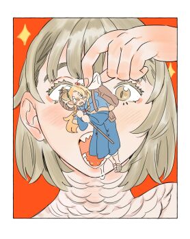 2girls ambrosia_(dungeon_meshi) backpack bag bedroll belt_pouch blonde_hair blue_capelet blue_robe bow braid capelet dungeon_meshi elf falin_touden falin_touden_(chimera) feathers green_eyes hair_bow highres holding holding_staff long_hair marcille_donato milfcookiesimp mini_person minigirl multiple_girls pointy_ears pouch red_bow robe saliva sandals short_hair sparkle staff twin_braids yellow_eyes yuri