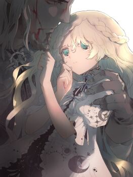 1boy 1girl beard bleeding blonde_hair blood blood_on_face braid commentary_request dress expressionless facial_hair gloves green_eyes hand_on_another's_shoulder highres injury long_hair original sumi_keiichi upper_body white_hair