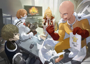 1girl 3boys bald barefoot black_dress black_sclera blonde_hair cape character_request colored_sclera crossover cyborg dress genos gloves highres knives_out long_hair modare multiple_boys one-punch_man open_mouth red_gloves saitama_(one-punch_man) short_hair smile