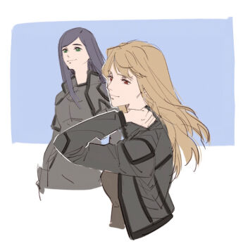 Rule 34 | 2girls, biker clothes, bikesuit, black jacket, blue background, bodysuit, brown hair, closed mouth, commentary, fujino shizuru, green eyes, guri gom, hand up, jacket, kuga natsuki, long hair, multiple girls, my-hime, purple hair, red eyes, smile, two-tone background, white background