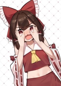 1girl ascot bare_shoulders blush bow brown_hair collarbone commentary covering_face detached_sleeves embarrassed hair_tubes hakurei_reimu highres looking_at_viewer mayosizu medium_hair midriff navel nose_blush open_mouth red_bow red_eyes red_shirt red_skirt shirt skirt sleeveless sleeveless_shirt solo touhou wavy_mouth yellow_ascot
