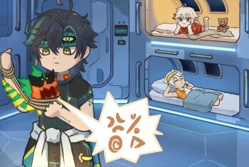 3boys ajaw_(genshin_impact) arm_tattoo bed bennett_(genshin_impact) black_hair black_shirt blindfold closed_eyes clothes_around_waist genshin_impact green_eyes green_hair green_headband headband highres kaedehara_kazuha kinich_(genshin_impact) male_focus multicolored_hair multiple_boys official_art pillow red_hair shirt short_sleeves streaked_hair stuffed_animal stuffed_toy tattoo teddy_bear white_hair xinzoruo