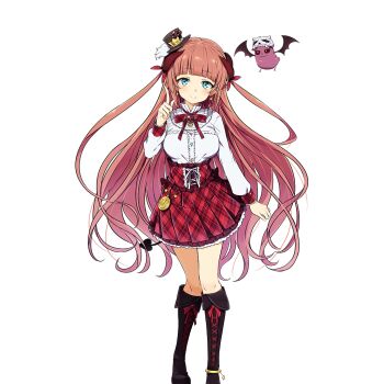 1girl ankle_ring aqua_eyes black_boots blunt_bangs boots bow bowtie breasts corset demon demon_girl demon_horns demon_tail demon_wings hat horns index_finger_raised knee_boots long_hair long_sleeves medium_breasts mini_hat plaid_bow plaid_bowtie plaid_clothes plaid_corset plaid_skirt red_bow red_bowtie red_corset red_hair red_skirt selina_falset shirt skirt tail uchi_no_hime-sama_ga_ichiban_kawaii white_shirt wings