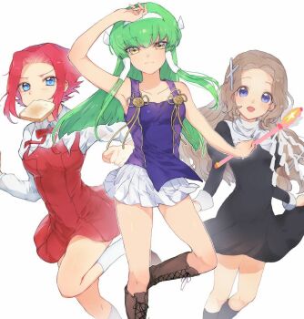 3girls aoba_tsugumi aoba_tsugumi_(cosplay) bare_shoulders blue_eyes boots bread_slice breasts brown_hair c.c. code_geass cosplay cross food food_in_mouth frown green_hair hair_tubes hairband kouzuki_kallen kannagi long_hair miniskirt mouth_hold multiple_girls nagi nagi_(cosplay) nun nunnally_vi_britannia open_mouth pleated_skirt purple_eyes red_hair short_hair skirt smile sumi_otto toast toast_in_mouth very_long_hair wand white_skirt yellow_eyes zange zange_(cosplay)