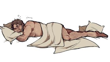 1boy arthur_morgan bara beard_stubble bed_sheet blanket brown_hair chest_hair facial_hair full_body hairy hand_hair highres knuckle_hair large_pectorals looking_at_viewer lying male_focus mature_male muscular muscular_male naked_sheet okrckc on_bed on_stomach pectorals pillow pov_across_bed red_dead_redemption_(series) solo stubble thick_arm_hair thick_chest_hair thick_eyebrows thick_leg_hair under_covers white_background