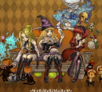 Rule 34 | 4girls, amoretta virgine, argyle background, argyle clothes, bad id, blonde hair, blue hair, boots, candy, capelet, cat, copyright name, couch, food, frog, ghost, glasses, grimgrimoire, hairband, hat, lillet blan, lollipop, long hair, lujei piche, margarita surprise, multiple girls, nichiq, nippon ichi, pince-nez, ponytail, pumpkin, red hair, skull, staff, swirl lollipop, thighhighs, wizard hat