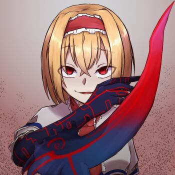1girl alice_margatroid blonde_hair bois_de_justice capelet commentary_request cookie_(touhou) crossed_bangs dies_irae frilled_hairband frilled_necktie frills hair_between_eyes hairband highres hinase_(cookie) looking_at_viewer nanariku necktie open_mouth red_eyes red_hairband red_necktie shinza_bansho_series short_hair smile solo touhou upper_body white_capelet
