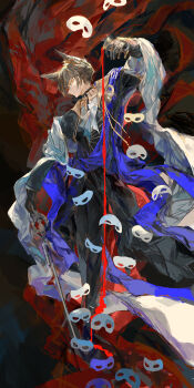 1boy absurdres ambiguous_red_liquid animal_ears arknights arm_up black_background black_coat black_gloves black_pants blue_shawl brown_hair cat_ears choker coat commentary cup english_commentary full_body gloves highres holding holding_cup ichika_(ichika87) long_sleeves male_focus mask material_growth oripathy_lesion_(arknights) pants phantom_(arknights) pouring red_background shawl short_hair solo sword tragodia_(arknights) two-tone_background weapon white_shawl yellow_eyes