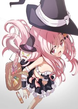 1girl alternate_costume bag bare_shoulders black_dress blush bow breasts candy commentary cowboy_shot dress dutch_angle eyebrows_hidden_by_hair food frilled_dress frills full_body gradient_background hair_ornament hairclip halloween hat hat_bow hat_ribbon jewelry leaning_forward long_hair looking_to_the_side mask open_mouth original pink_hair red_eyes ribbon running sidelocks simple_background small_breasts solo standing symbol-only_commentary white_bow witch_hat wrist_cuffs x_hair_ornament yozakura_souki